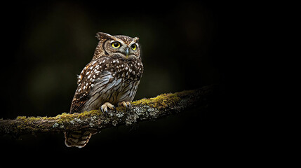 Obraz premium An owl perches on a moss-covered branch, eyes wide open against a black background