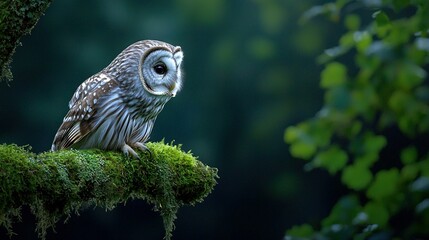 Obraz premium Small owl perched on mossy tree branch amidst forest's vast trees