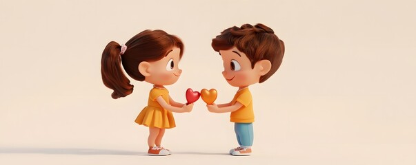 Naklejka premium Two adorable children exchanging colorful hearts, showcasing friendship and love with cheerful expressions and vibrant outfits.