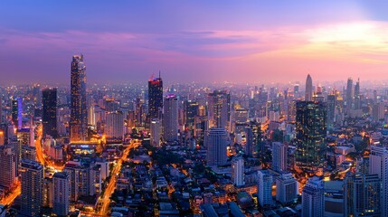 Fototapeta premium In these images, you can see the dot point of the smart city connected with gradient lines, representing the connection technology metaverse concept. The picture shows Bangkok city at night with big