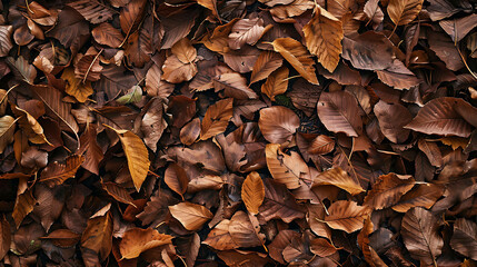 A close-up of a pile of brown and orange autumn leaves. The leaves are in various stages of decay, with some still green and others completely brown.