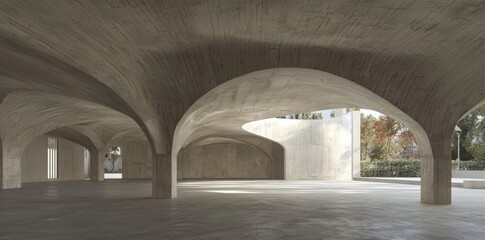 Future concrete architecture with parking lot and cement floor.