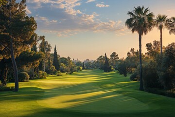 A serene view of a lush golf course at sunset, surrounded by palm trees and gentle hills