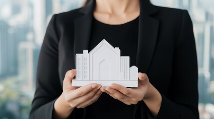 Female entrepreneur holding digital property icon, cityscape view