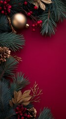 Festive ornaments and evergreen branches on a red background for holiday decorations