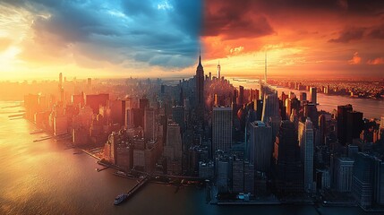 Obraz premium Aerial view of Manhattan skyline with dramatic sunrise and sunset.
