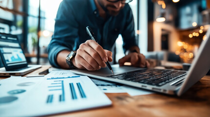 Close-up of a person working on a laptop at a desk cluttered with analytical charts and papers, suggesting a focus on data analysis or business planning in a modern office environment.