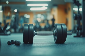 Fototapeta premium A heavy dumbbell rests on a wet gym floor during a rainy evening at an urban fitness center