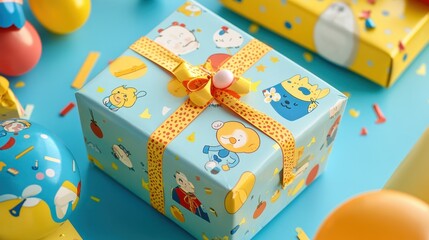 Colorful Wrapped Gift Box with Playful Cartoon Characters