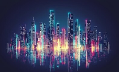 Fototapeta premium City nightscape with skyscrapers buildings on city bay shore. Cartoon illustrated with fluorescent neon colors.