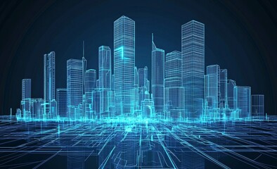 An urban landscape with fluorescent, neon colors showing buildings on the city bay shore with illuminated futuristic architecture. Urban cyberpunk background.
