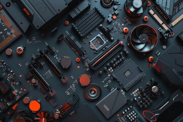 Fototapeta premium Computer parts on black table background.