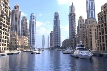 Obraz premium Creating AI skylines by a river with skyscrapers