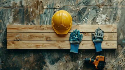 The concept of construction is represented by a wooden board, on which safety gloves and a building helmet are placed. 