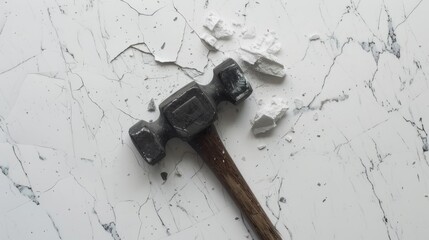 The hammer strikes down on the pristine white surface, leaving a mark of force and impact as it connects with