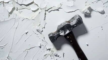 The hammer strikes down on the pristine white surface, leaving a mark of force and impact as it connects with a resoun