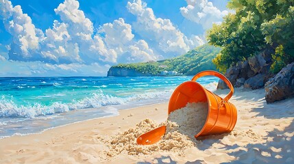 Colorful beach bucket and shovel overflowing with sand on a sunny shore.