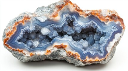 A blue agate crystal is shown in this image. It is a natural mineral stone with a translucent surface and abstract structure, and its cross section has been isolated on a white background.