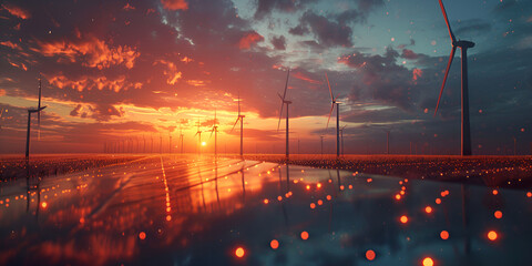 Fototapeta premium Sunset Over Wind Turbines with Digital Network Overlay, Renewable Energy Concept with Futuristic Design 