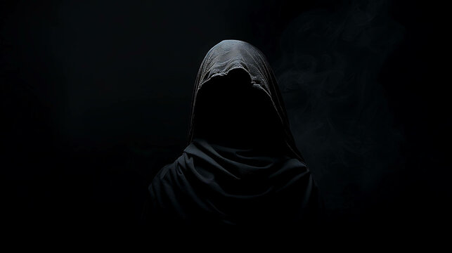 A dark figure in a black cloak stands in the shadows. Its face is hidden by the hood, and its eyes are glowing red.