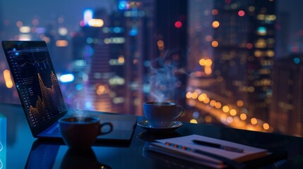 The laptop screen is displaying a business chart, with a cup of steaming coffee and a diary placed on the table. The backdrop i