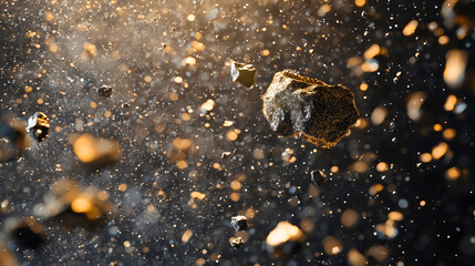 Fototapeta premium Particles of small micrometeoroids that are very tiny in size, micrometeoroids are a phenomenon of remnants of celestial bodies floating through the cosmos.