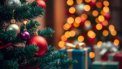 christmas tree and decorations,bokeh background for celebration of new year and christmas