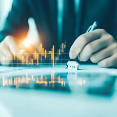 Investor reviewing property values with digital chart overlays