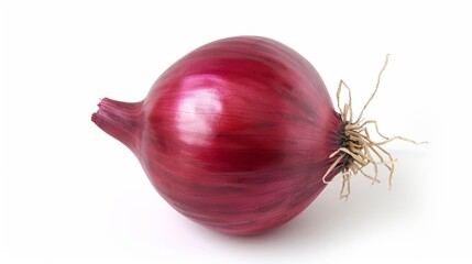 The red onion is placed alone on a pure white background.