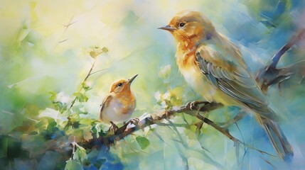 Two small birds perched on a branch in a watercolor painting, one looking at the other.