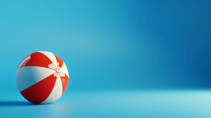 This is a 3D rendering of a red and white beach ball on a blue background. The ball is slightly deflated and sitting on a blue surface.