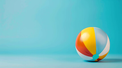 This is a 3D rendering of a beach ball on a blue background. The ball is yellow, red, and blue, and it is slightly deflated.