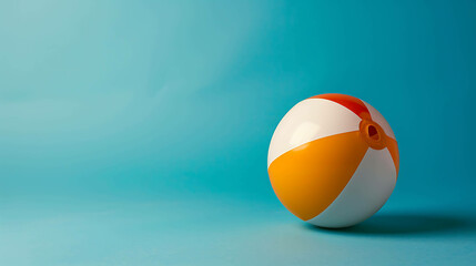 This is a 3D rendering of a beach ball on a blue background. The ball is orange and white, and it is slightly deflated.