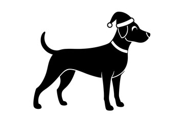 Christmas dog with Santa hat  on white background silhouette illustration.