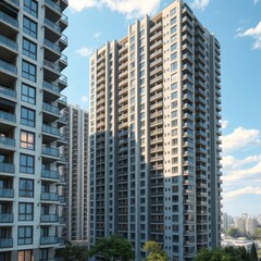 New urban apartment development highrise residential building with outdoor view modern multistorey condominium complex concrete architecture property investment Condominium 