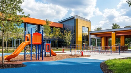 Modern School Playground with Colorful Building