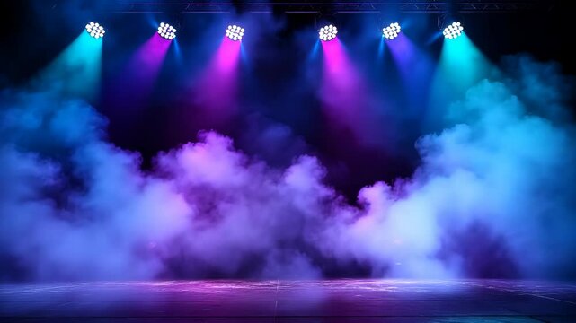 Five colorful stage lights illuminate a stage with thick fog