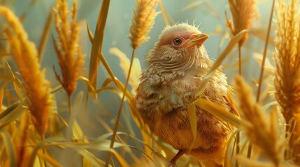 There is a bird with a beard that is quite comical, and it is surrounded by a background of yellow reeds. 