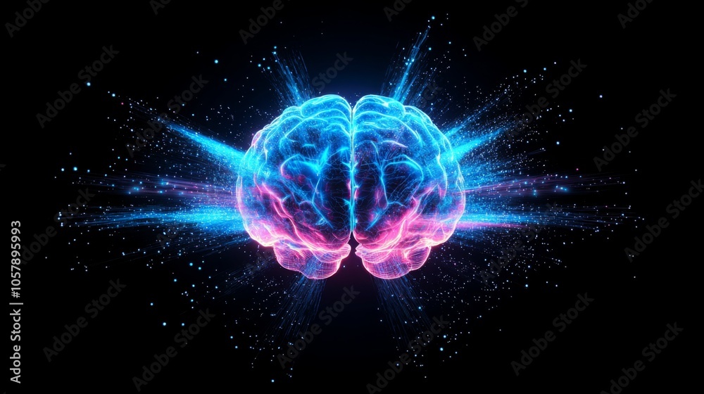 Aufkleber A vibrant digital artwork depicts a brain surrounded by colorful light rays and particles against a dark backdrop, illustrating the concept of creativity and cognitive processes.