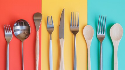Wooden utensils paired with metal straws set against a vibrant colored background, embodying the idea of zero waste and sustainability. 