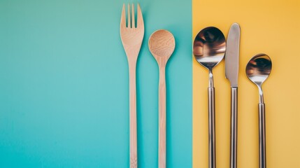 Wooden utensils paired with metal straws set against a vibrant colored background, embodying the idea of zero waste and sustainability.
