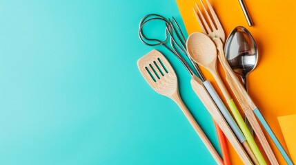 Wooden utensils paired with metal straws set against a vibrant colored background, embodying the idea of zero waste and sustainability.