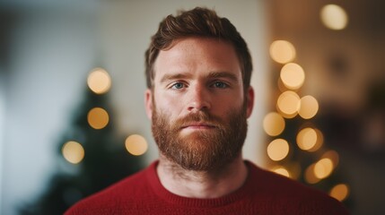 Portrait bearded Caucasian man red sweater festive holiday lights blurred background