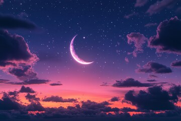 Majestic twilight sky with purple clouds and crescent moon over a serene horizon at dusk