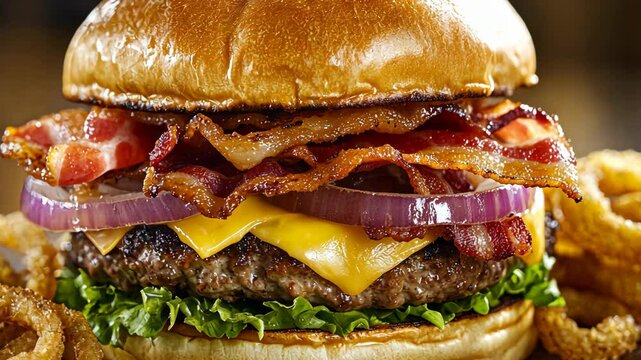 A juicy burger topped with bacon, cheese, and onion rings is ready to be devoured