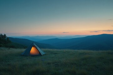 A tent set up on a grassy hilltop with stunning sunset views over mountains