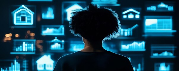 Real estate investor surrounded by projected graphs, futuristic data-driven investment concept