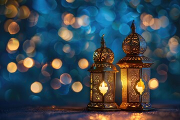 Ornamental lanterns on table for Ramadan celebration.