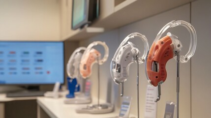 A range of hearing aids sits elegantly on display stands in a well-lit clinic.