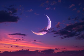 Islamic holidays in twilight sky with crescent moon.
